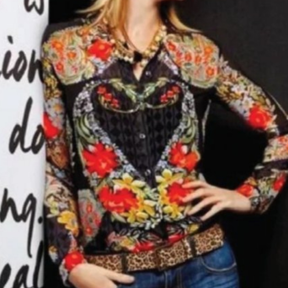 CAbi Amour Sheer Floral Print Button Down Shirt